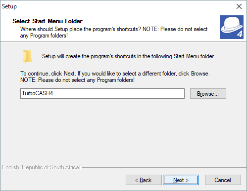 TurboCASH4 - Install - Select start menu folder