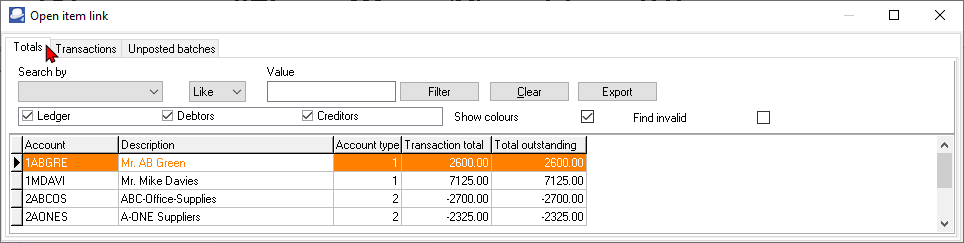 TurboCASH4 Open item totals tab