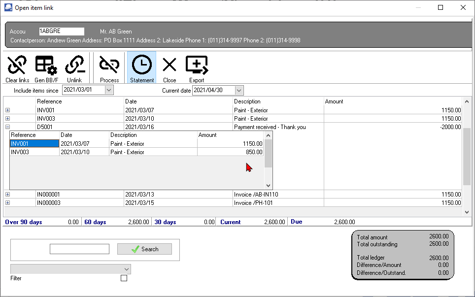 TurboCASH4 Open item statement view