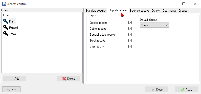 TurboCASH4 - Access control - Reports access options