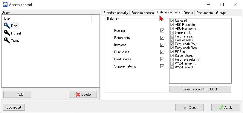 TurboCASH4 - Access control - access options in batches, journals
