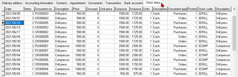 TurboCASH4 - Creditor account - Stock items tab
