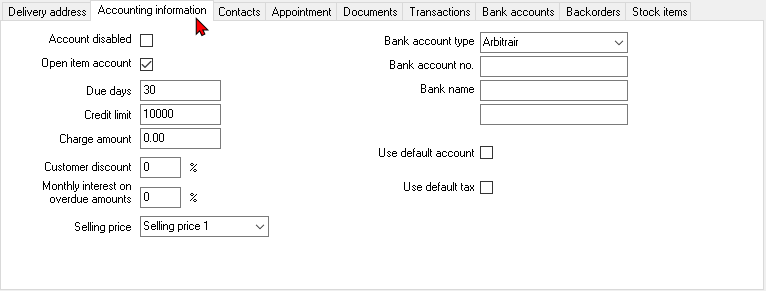TurboCASH4 - Debtor account - Accounting information tab