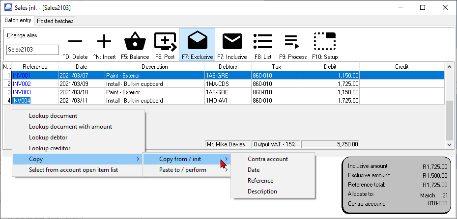 TurboCASH4 Batch entry context-menu
