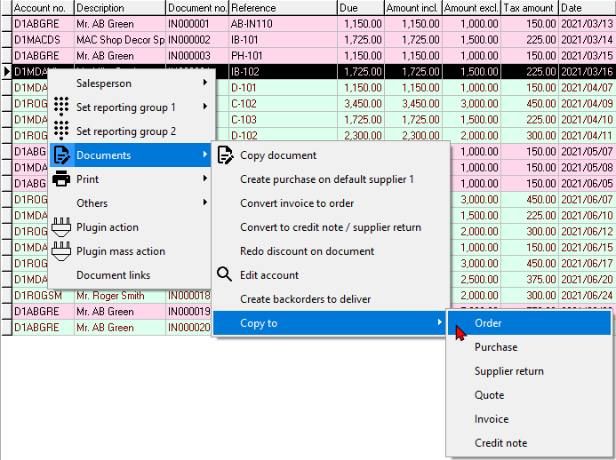 TurboCASH4 Document list screen context-menu