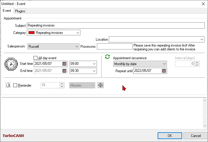 TurboCASH4 Calendar repeating invoice event