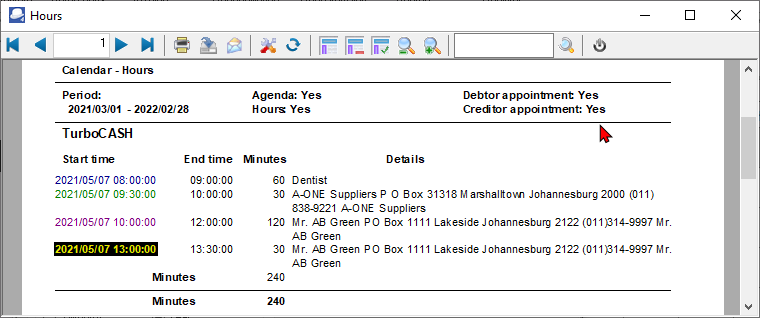 TurboCASH4 Calendar hours report printed