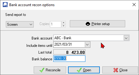 TurboCASH4 Bank reconciliation report options