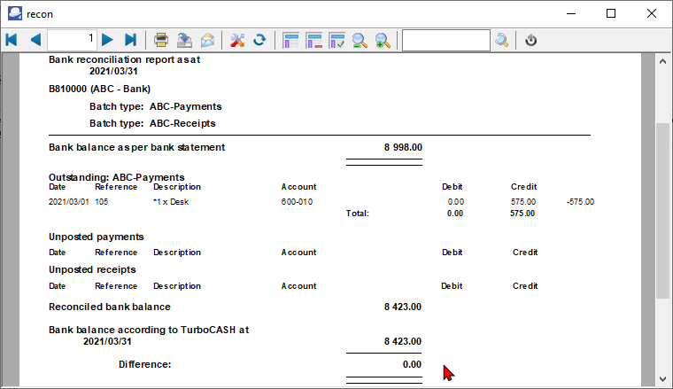 TurboCASH4 Bank reconciliation report