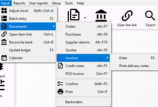 TurboCASH4 - Input - Documents - Enter menu