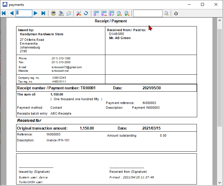 TurboCASH4 Open item receive payment printed