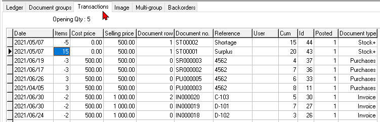 TurboCASH4 - Change stock item quantities - Transactions tab