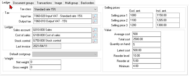 TurboCASH4 - Stock item - Ledger tab
