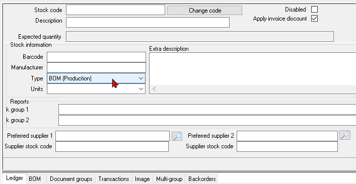 TurboCASH4 - Stock item - BOM (production) type